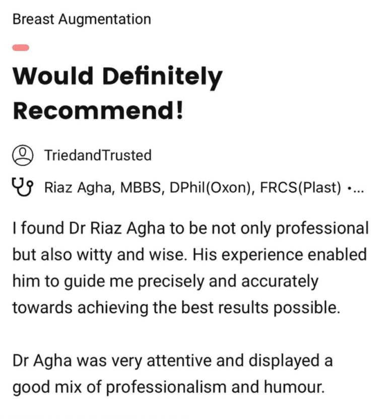 Breast Augmentation Patient Review - Dr Riaz Agha at The Harley Clinic, London