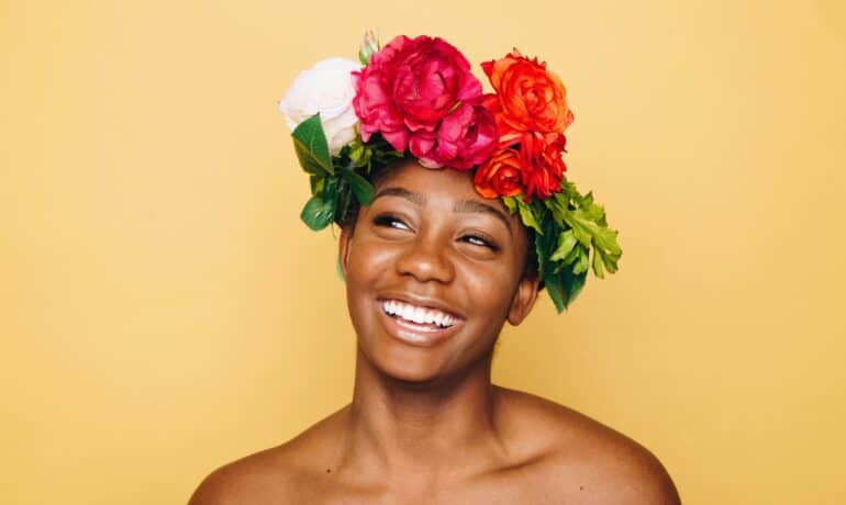 happy woman with flower crown