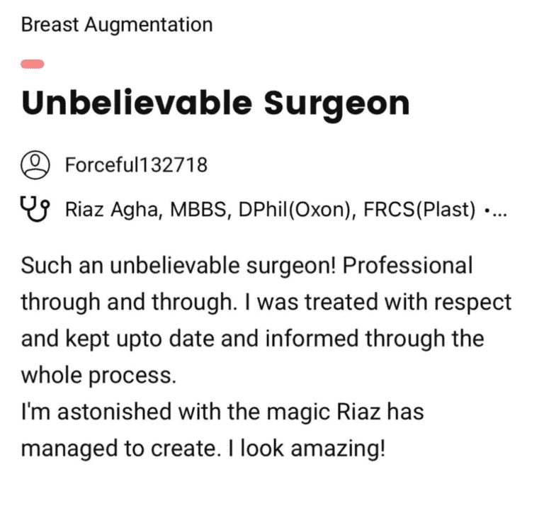 The Harley Clinic - Breast Augmentation Review, Dr Riaz Agha, London