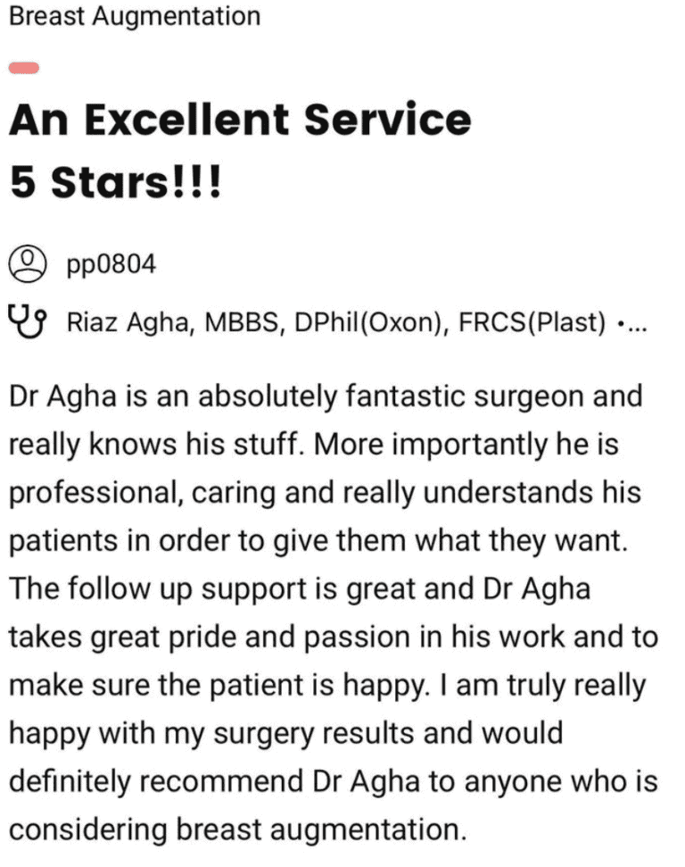 Breast augmentation review, Dr Riaz Agha at The Harley Clinic, London