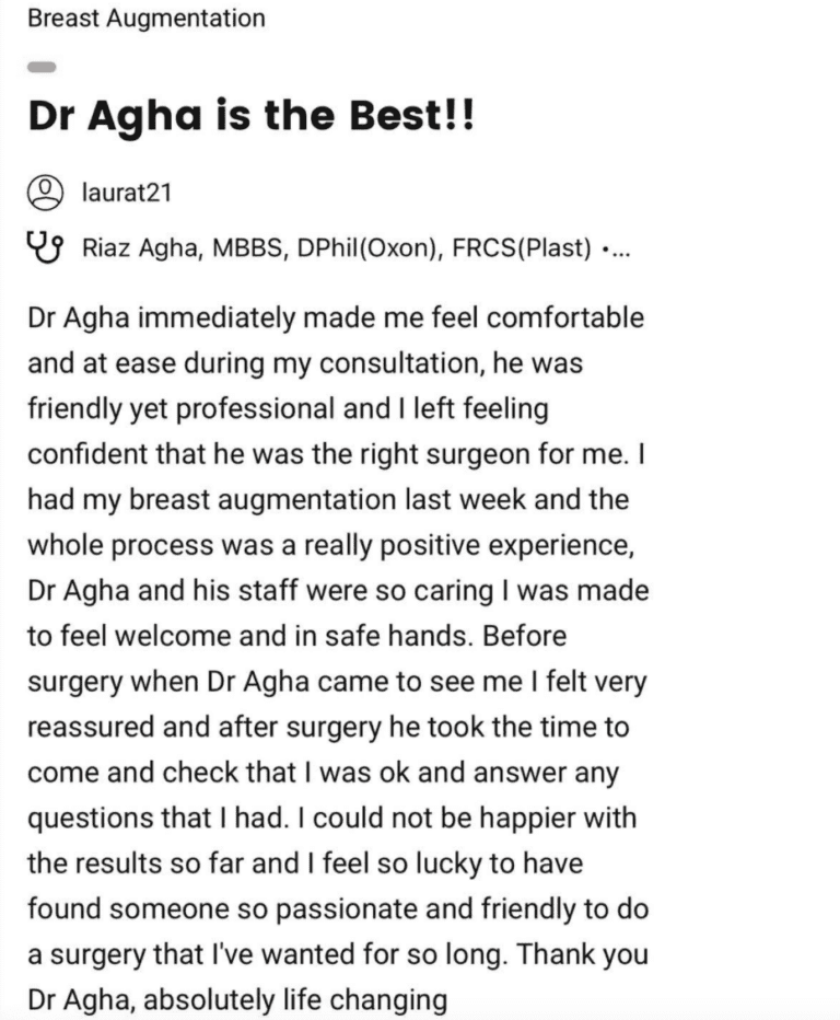 Breast Augmentation Review, Dr Riaz Agha at The Harley Clinic, London