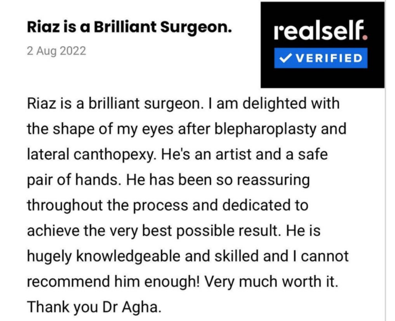 Blepharoplasty and lateral canthopexy review - Dr Riaz Agha, the Harley Clinic London